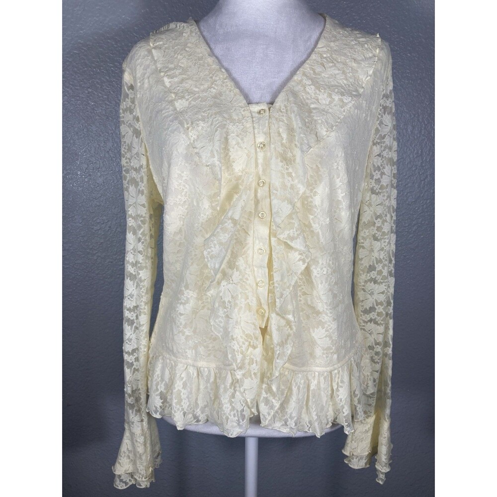 Floral Lace Women's Cream Top L Victorian Blouse Ruffles Sheer Whimsical Fairy